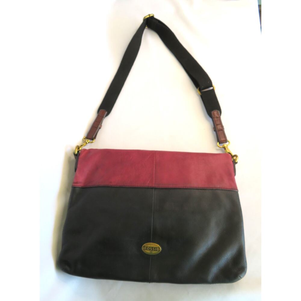 Vtg. FOSSIL Explorer Leather Tote Crossbody Shoulder Bag Black/Mauve